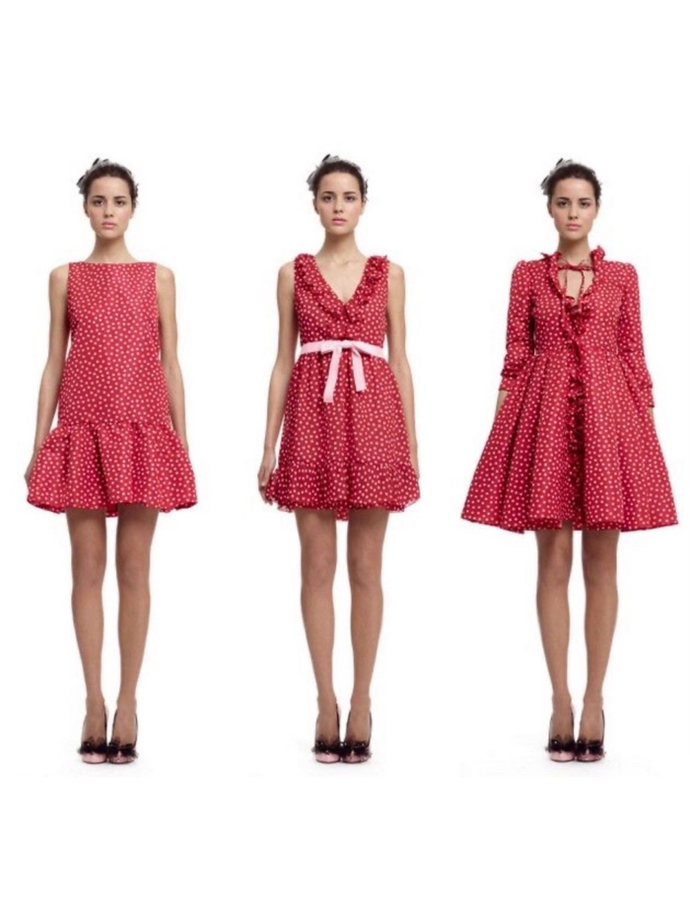 2012 Red Valentino Red Polka Dot Ruffle V-Neck Dress with Pink Waist Tie - Picture 2 of 6